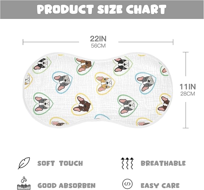 Qinllo 4 Pack Muslin Burp Cloths Bulldog Hearts White Cotton Baby Burp Cloths Ultra Absorbent Soft Thick Burping Cloth for Newborn Babies Boys Girls 22x11 Inch
