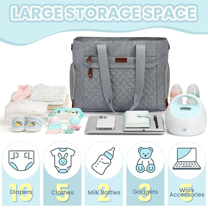Pritent Diaper Bag Tote for Working Mom, Large Travel Diaper Tote for Mom and Dad with 14 Inch Laptop Sleeve, Mommy Maternity Travel Baby Bag for Boys and Girls, Grey