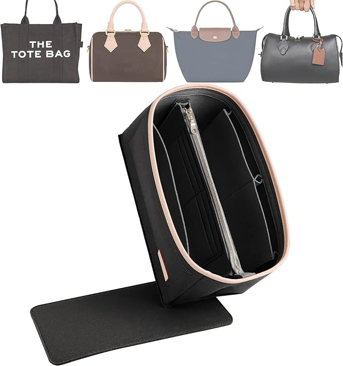 Doxo Purse Organizer Insert for Handbags & Base Shaper 2pc Set, Compatible with Speedy 25 Bag Organizer, Lepliage S,Nererfull,ONTHEGO,Carryall,Graceful,Noe,Book Tote Bag and More(M-Black)