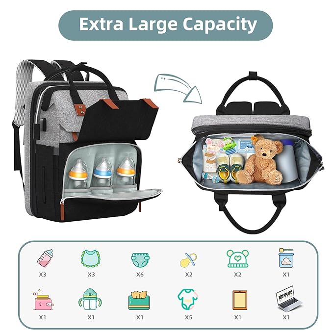 ISMGN Diaper Bag Backpack with Changing Station, Large Diaper Bag, Baby Bag, Multifunctional Diaper Bag, GreyBlack