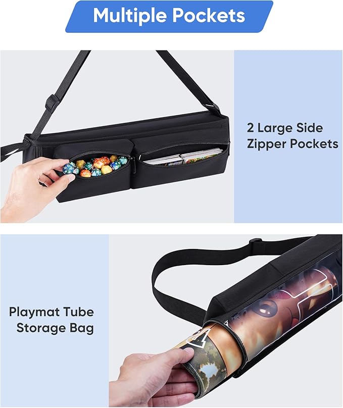 Playmat Tube Fits 14'' or 15'' 1 pcs Playmats, Playmat Case Compatible with TCG/MTG Playmats, Playmat Storage Bag Equipped with SeeThrough Window, 2 Zipper Pockets and Adjustable Shoulder Strap