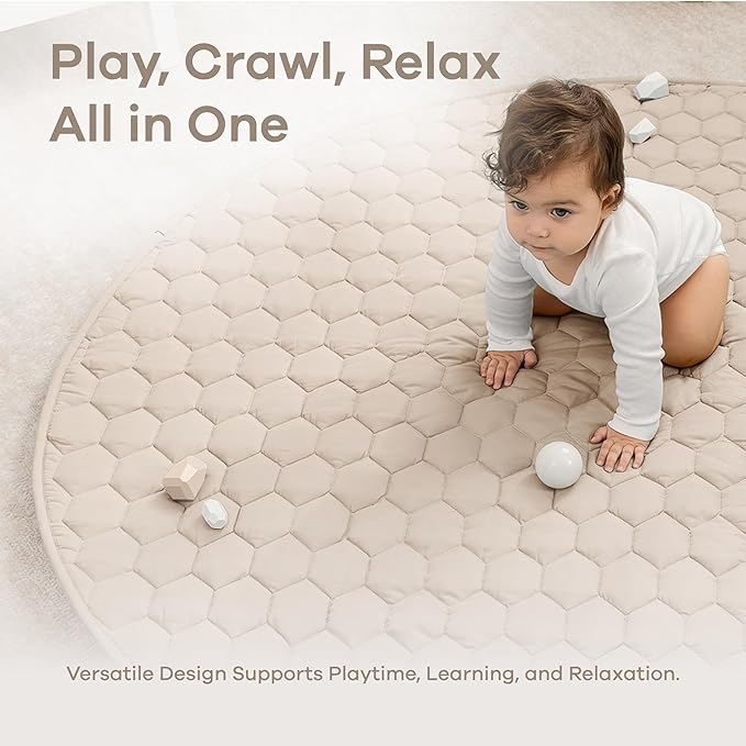 Comfy Cubs Round Kids Play Mat - Large 60 inches Soft Quilted Baby Floor Mat with Non-Slip Bottom - Plush Design for Toddlers' Playtime - Comfortable and Durable - Sand