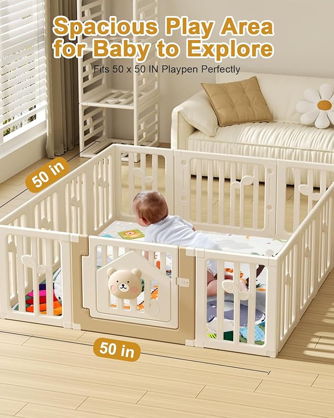 Premium Foam Baby Play Mat 50x50, 4 Developmental Zones Play Mat with Removable & Machine Washable Cover, Extra Thick Padding Playpen Mat, Easy to Clean for Infants, Toddlers & Babies