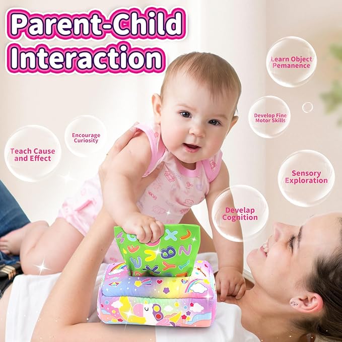 usrela Baby Toys 6 to 12 Months - Tissue Box Toy, Tissue Learning Toys with Alphabet Number Color Sound, Baby Sensory Toy Gifts for 6 9 12 18 Months Old