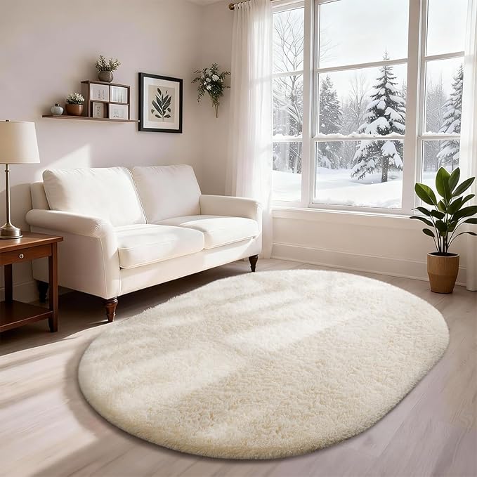 Ophanie 4x6 Ivory Oval Rugs for Bedroom Living Room, Fluffy Fuzzy Furry Carpet, Plush Soft Shaggy Bedside Indoor Floor Area Rug for Kids Girls Boys Baby Teen Dorm Nursery Home Decor Aesthetic