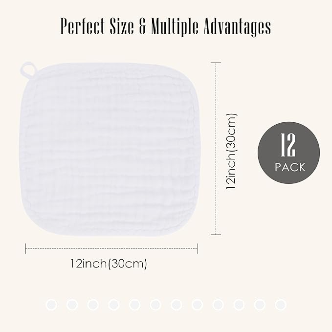 Baby Washcloths -100% Cotton Muslin Soft Baby Bath Wash Cloths and Absorbent Baby Wipes for Newborns Kids Girls and Boys - 12 Pack, 12x12 Inches - White