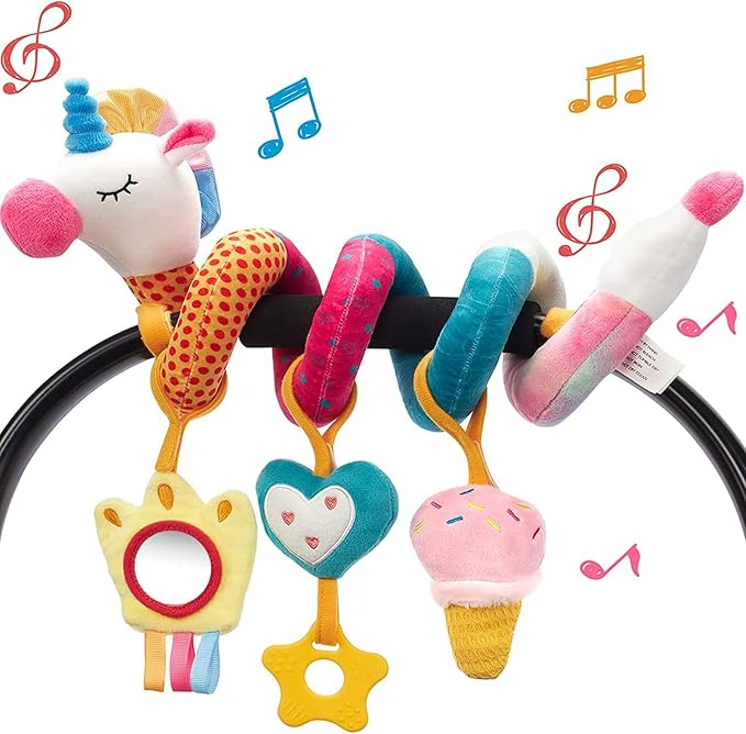 hahaland Car Seat Toys for Babies 0-6 Months Girl - Baby Toys 3-6 Months - Rattle, Mirror, Crinkle, Squeaky Carseat Stroller Toy 0-6 Months Developmental Newborn Baby Girl Birthday Gifts