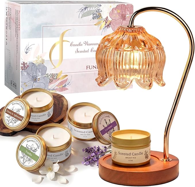 Funistree Candle Warmer Lamp Gift Set with 3 Jar Candles & Gift Box, Gifts for Women Mothers Day Birthday, Mom Sister Friend Gift, Lavender, Vanilla, Ebony, 2 Bulbs