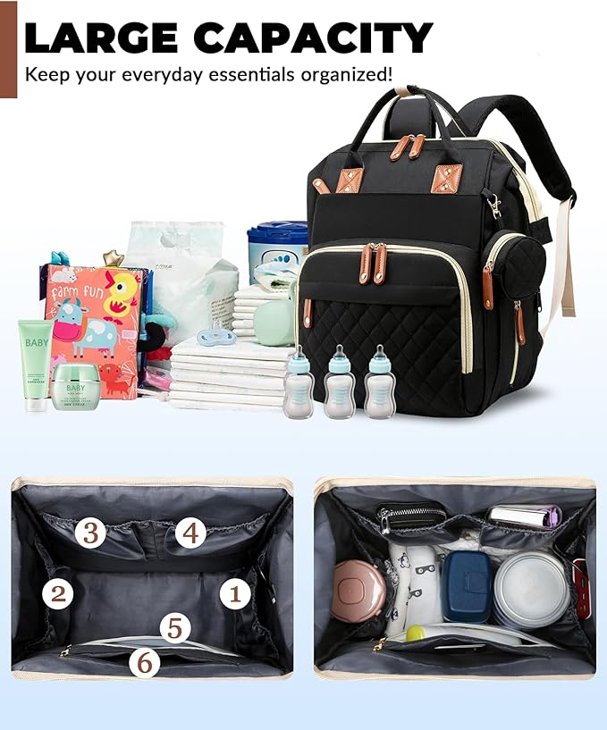 Lamroro Diaper Bag with Changing Station, Waterproof 3 in 1 Baby Diaper Backpack with Foldable Changing Pad, Large Travel Back Pack for Baby Girl Boy, Baby essentials, Black