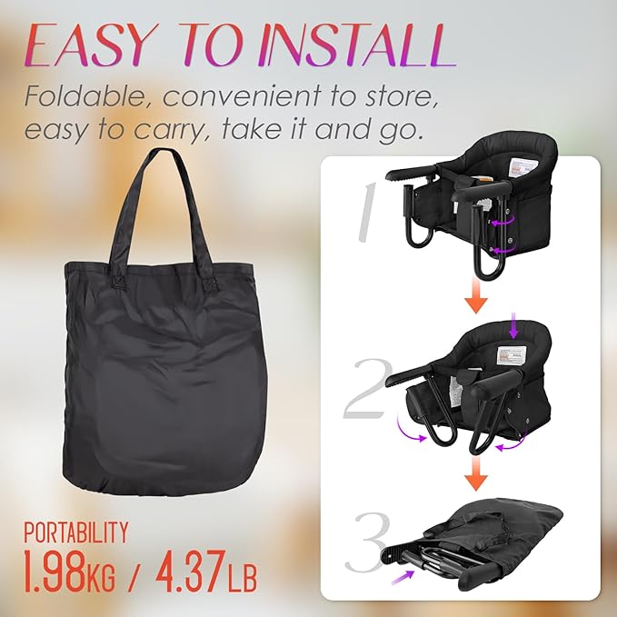 Hook on High Chair,Portable Foldable High Chair for Babies 6-36 Months, Includes Storage Bag (Black)
