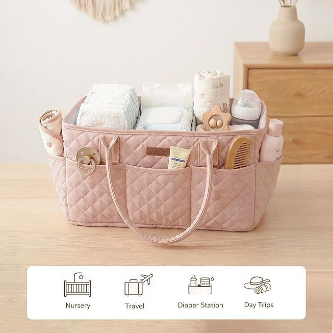 Konssy Quilted Diaper Caddy Organizer, Diaper Caddy Basket with Vegan Leather Handles, Portable Nursery Storage Basket, Water-Repellent Car Organizer, Registry Search Must Haves (Blush Pink)