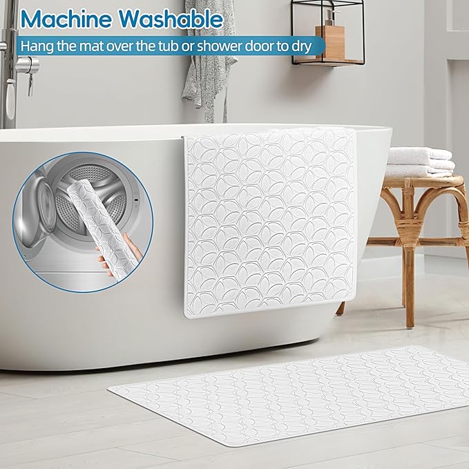 Bathtub Mat Non Slip with Suction Cups - 100% Rubber Bathroom Mat Textured for Bath Tub Shower Safety - Soft on Touch - BPA/PVC Free - Pet Dog Bath Mat - Machine Washable - 16 × 28 Inch（White）
