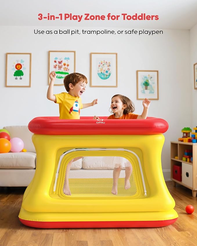 QPAU 3-in-1 Inflatable Bounce House for Toddlers 1-3, Ball Pit & Trampoline, Inflatable Bouncy House with Pump, Safety Net, Indoor & Outdoor Bubble Bouncer Baby Play Yard