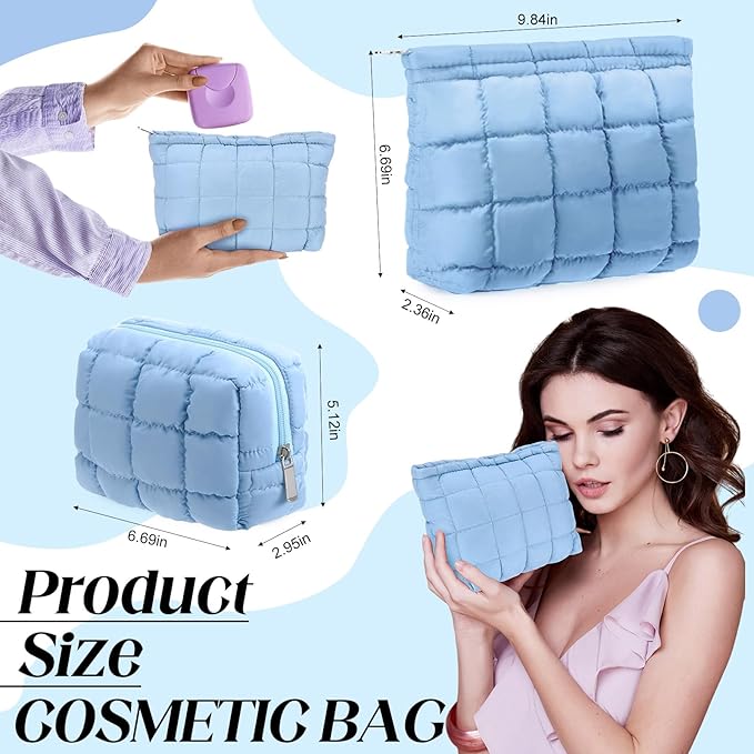 2 Pcs Puffy Makeup Bag Quilted Cosmetic Pouch for Women Cute Checkered Travel Toiletry Bag Puffer Makeup Organizer Purse Pouch Preppy Pencil Case with Zipper(Blue)
