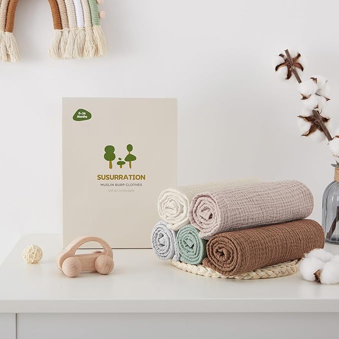 Susurration Muslin Burp Cloths Baby Washcloths 5 Pack, 100% Cotton Large 23.6 * 23.6 inch Extra Soft and Absorbent Baby Burp Cloths, Baby Essentials Gifts Registry-Brown&Green
