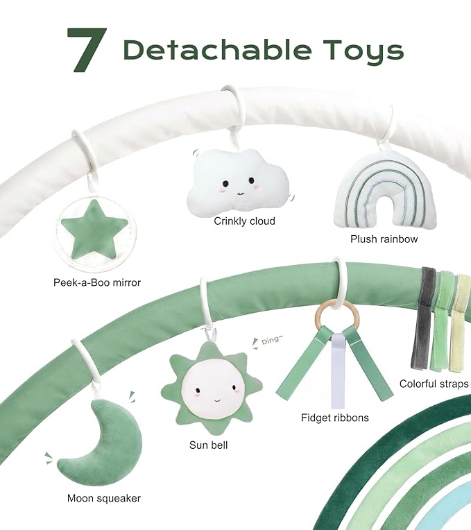 Little Dove Baby Play Gym Mat, Tummy Time Activity Mat with 7 Detachable Toys and 12 Milestone Cards for Stage-Based Sensory and Motor Skill Development, Washable Play Mats for Infant, Green
