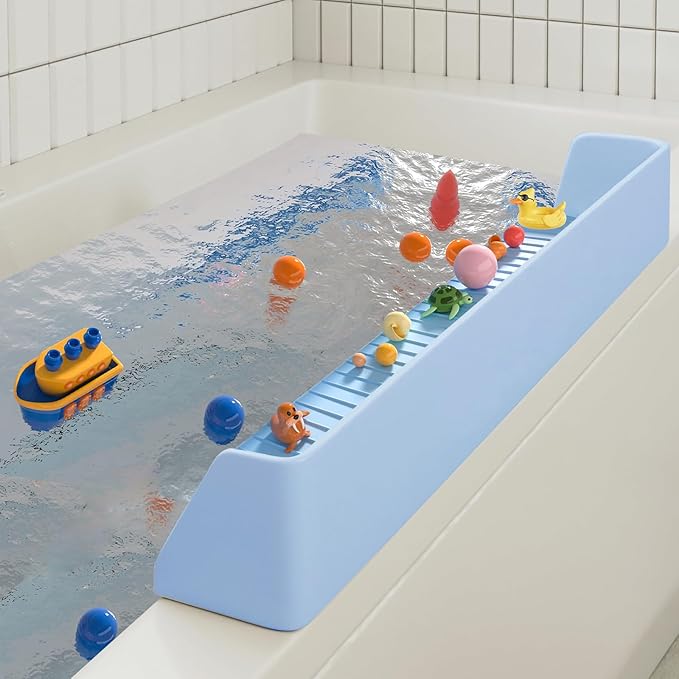 31IN Silicone Bathtub Splash Guard for Kids, Strong Suction Cups Tub Topper & Bath Toy Holder, Bath Tray Play Shelf & Bathroom Toy Storage, Kids Bathroom Accessories, Prevents Water Spills