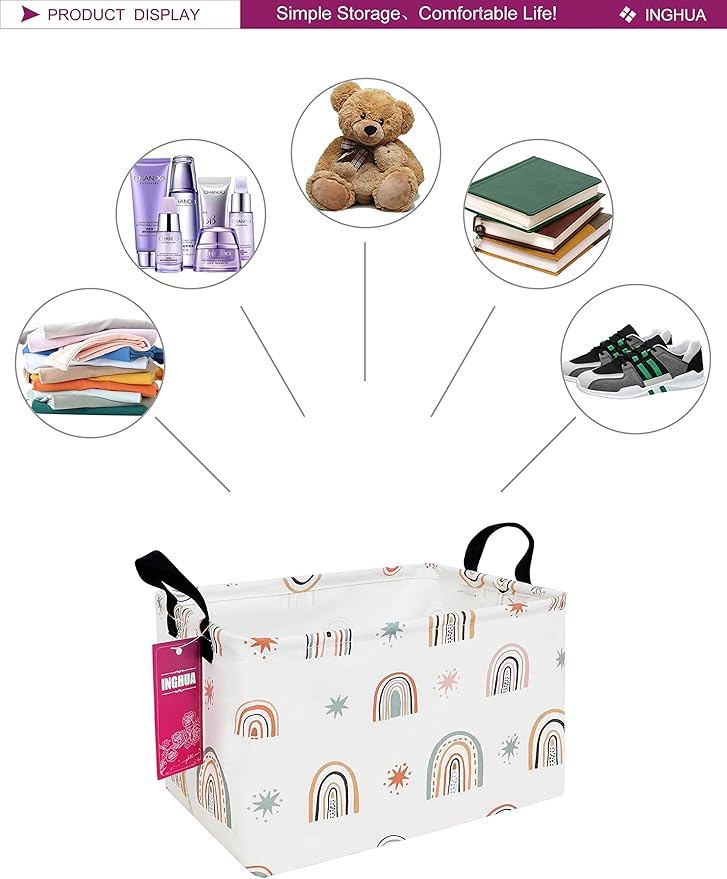 INGHUA Rectangular Storage Basket Fabric Organizer Bin for Toys,Books,Clothes,Gifts,Pets-Perfect for Home,Office,Nursery,Dorm,Shelf(Rec-Star Rainbow )