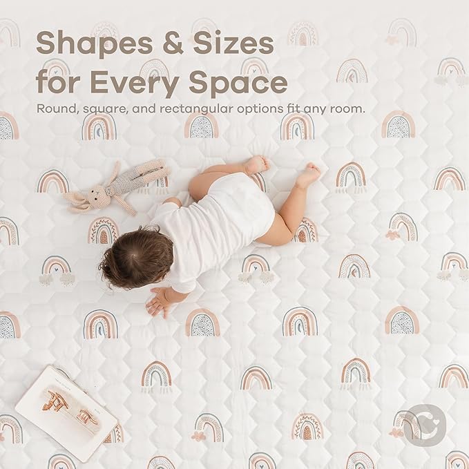 Comfy Cubs Round Kids Play Mat - Large 60 inches Soft Quilted Baby Floor Mat with Non-Slip Bottom - Plush Design for Toddlers' Playtime - Comfortable and Durable - Rainbow