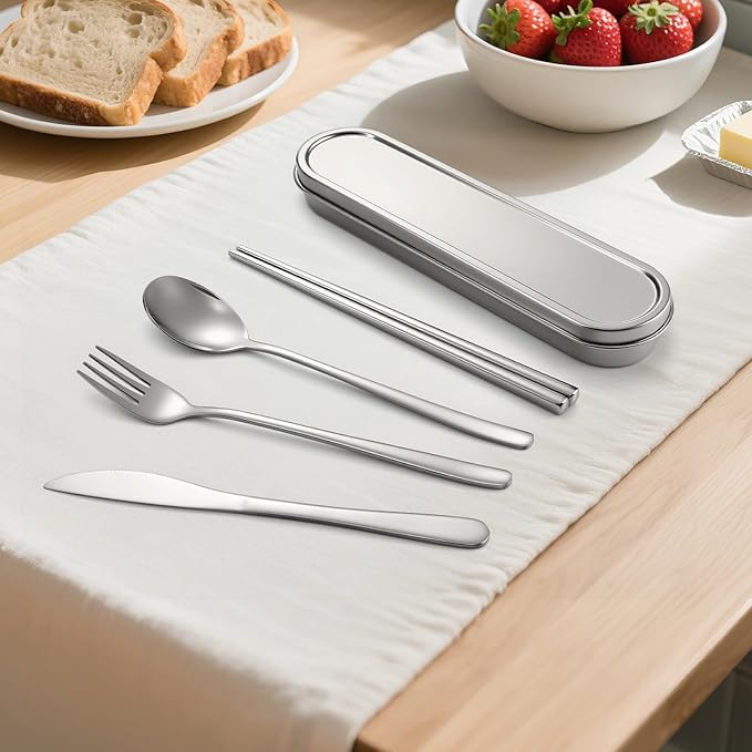 Travel cutlery set, 18/8 stainless steel cutlery, Reusable utensils set with case, Portable Silverware Lunch Box for Camping and Office (Stainless Steel)
