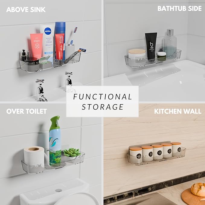 Acrylic Shower Shelf – Adhesive, No-Drill Bathroom Wall Shelf, Clear 12.2" x 3.54" x 1.77" Slim Organizer with Fast Drainage for Shower & Sink Toiletries