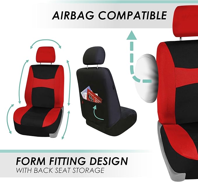 FH Group Car Seat Covers Full Set Cloth, Universal Fit combo, Automotive Covers, Low Back Front Airbag Compatible,Split Bench Rear Seat,Washable Cover for SUV,Sedan,Van Red