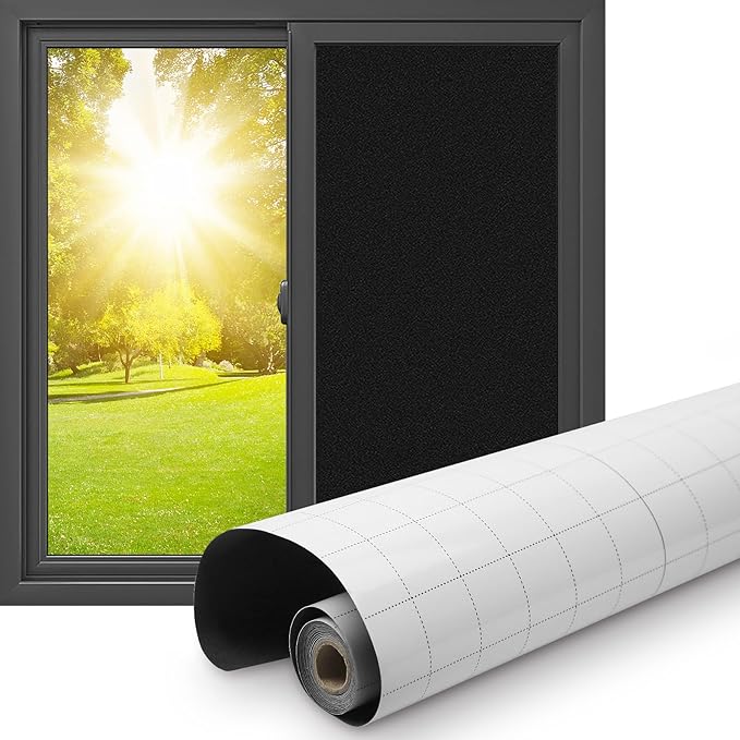 Shackcom 2 Rolls 35.4" X 78.7" Total Blackout Window Film, 100% Light Sun Blocking with Heat Resistant White Side - Room Darkening, Static Cling Film for Privacy & Day Sleep - No Residue, Anti UV
