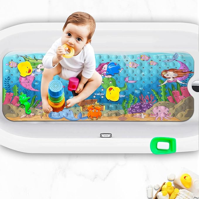 KINUUIS Bathtub Mats for Kids, Sea Ocean Mermaid Bath Mat for Tub Non Slip, 40 X 16 Inch Large Washable Bathtub Mat Non Slip for Showers with Drain Holes and Suction Cups