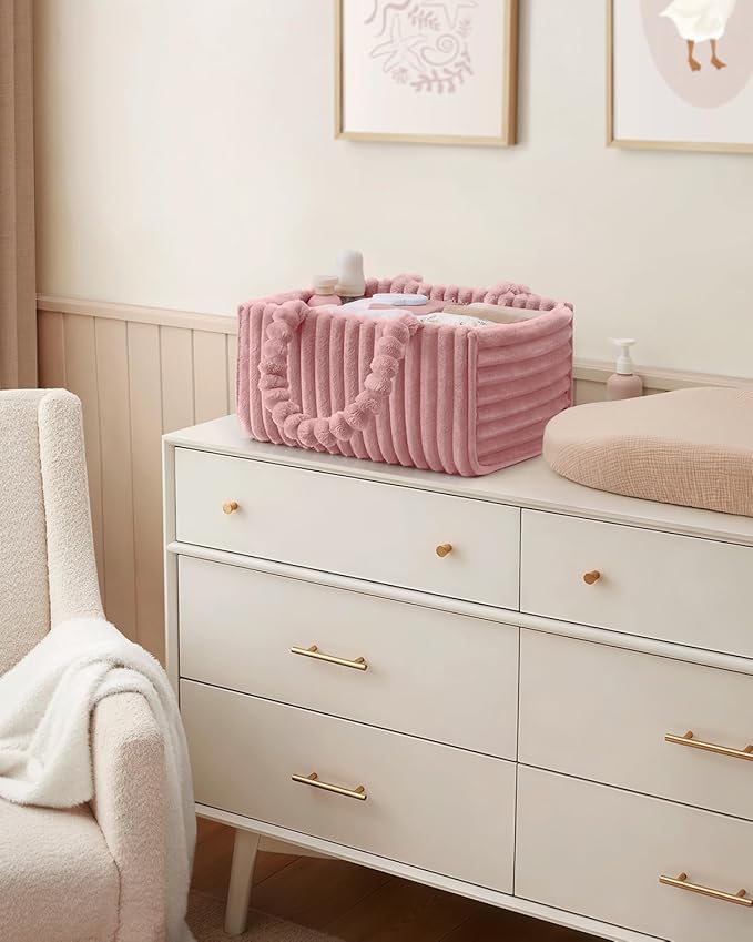 Blissful Diary Flannel Diaper Caddy Organizer, included Gift Packaging, Cozy Nursery Storage Basket, Gift for Baby Shower, Newborn Essentials, Blush Pink