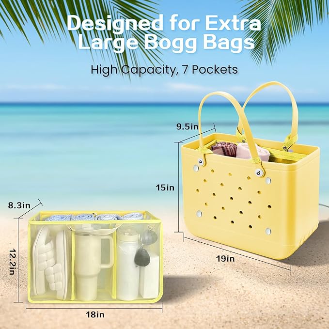 XYFuuee Beach Bag Organizer Inserts for Original Large Bogg Bag Accessories with 8 Removable Metal Fasteners, Lightweight Mesh Insert Divider Pouch, Organizing Rubber Tote, Save Space, Yellow XL
