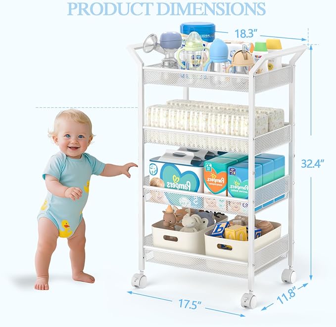 2 Pack Baby Diaper Caddy Cart, 4-Tier Diaper Caddy Organizer and Storage, Rolling Utility Cart for Baby Supplies, Diaper Cart with Wheels for Bedroom, Nursery, Changing Table, White