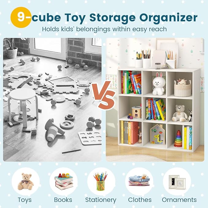 Costzon 9-Cube Toy Storage Organizer, 4-Tier Wooden Bookcase for Books and Toys Storage, Book Shelf for Kids Rooms, Playroom, Living Room, Nursery