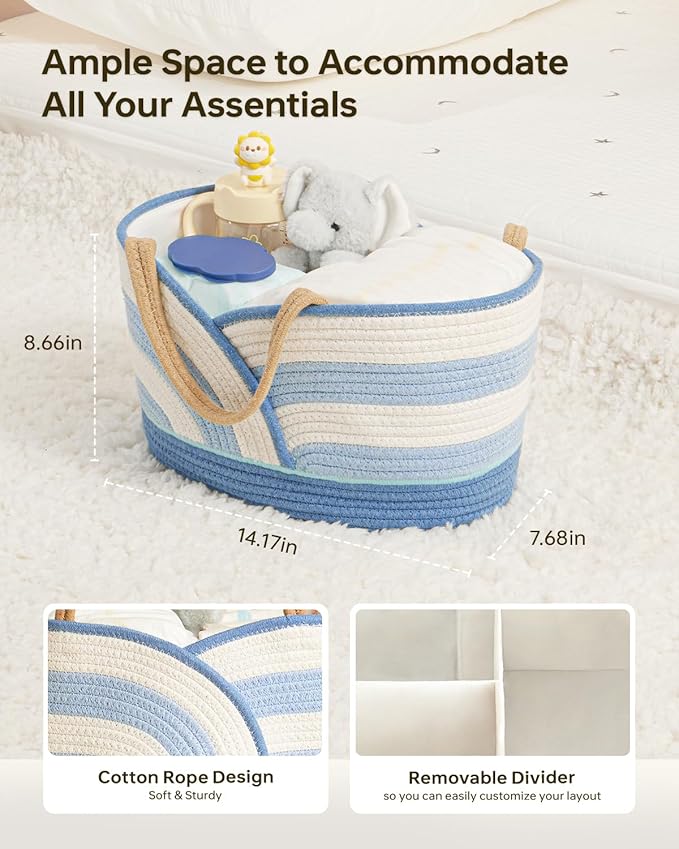 Baby Diaper Caddy Organizer - Portable Cotton Rope Diaper Caddy Basket for Nursery, Gift for Baby Shower List, Storage for Diapers, Wipes, Toys & Newborn Essentials (Blue/White)
