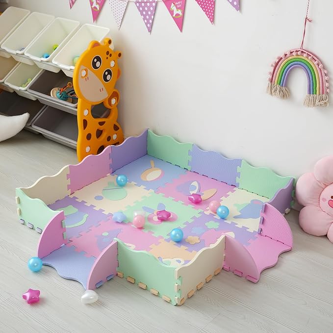 Tamiplay Foam Play Mat for Kids，25Pcs Square Interlocking Puzzle Floor Mat，Baby Play Mat Floor Mat Foam Puzzle Playmat for Toddlers with Fence（Mash Up-CSH023