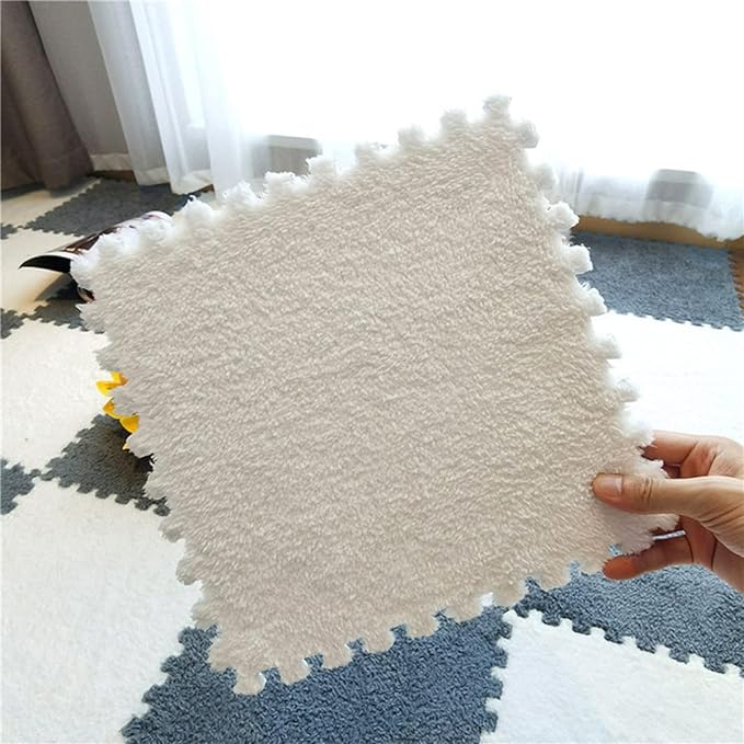 12pcs Plush Puzzle Foam Floor Mat, Cute Soft Fluffy Interlocking Square Foam Tiles Area Rugs Carpet for Parlor Bedroom Decor(11.8x11.8x0.4in, Grey&White&Pink)