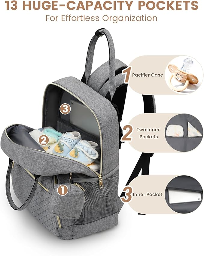 Pritent Diaper Bag Backpack,Baby Essentials Diapers Bag with Pacifier Case,Multipurpose Stylish Large Capacity Travel Backpack for Baby Girl/Boy(M-Gray)