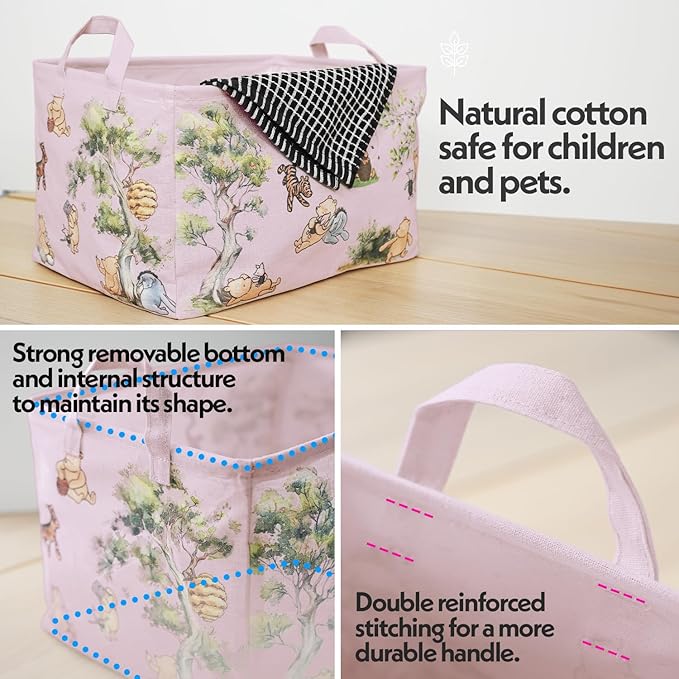Sweet Baby Classic Winnie Pooh Storage Nursery Basket With Hard Bottom Large Square Canvas Cotton Laundry Hamper Bin Waterproof Foldable Bathroom and Bedroom Stuff Clothes Toys Vintage Decor (Pink)