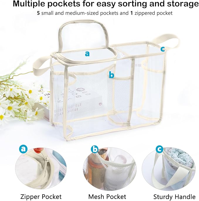 AMOIGEE Clear Beach Bag Organizer Insert with Zipper Closure Lid and 3pcs Accessories Compatible with Bogg Bag Medium- Tote Insert Bag Divider with Sunglasses Holder, Clips Hooks