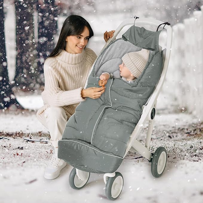 Universal Baby Footmuff for Strollers,Stroller Cover for Winter with Hooded Design,Waterproof and Windproof Winter Sleeping Bag with Coral Fleece Lining, Baby Bunting Bags for Most Strollers (GREY)