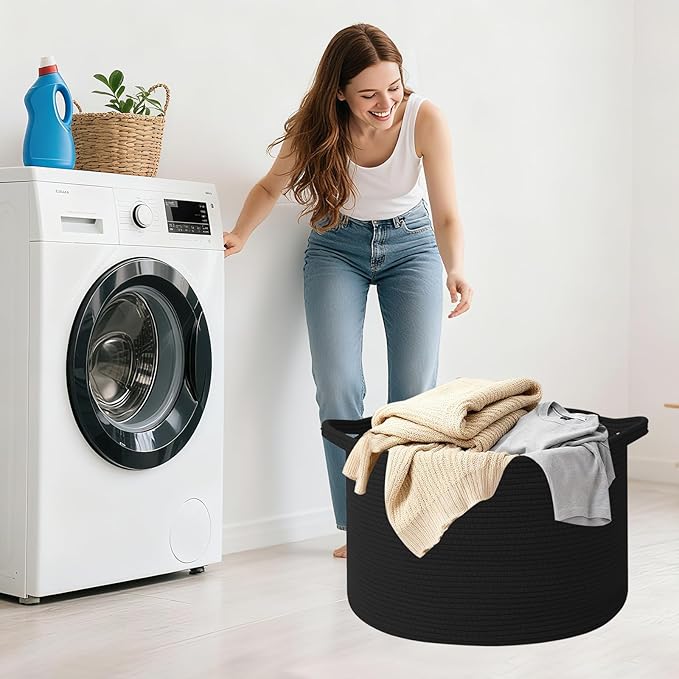Large Storage Basket with Handle,19.7" L x 19.7" W x 13" H Blanket Basket Storage Bins for Organizing,65L Cotton Rope Woven Baskets for Living Room, Nursery,Bedroom,Black
