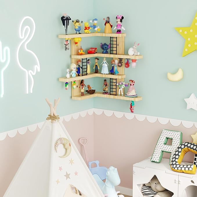 LUPWNEKA L-Shaped Tonies Shelf, 4-Tier Corner Floating Shelves for Tonies Figures (30-38 Character), Pine Wood Tonie Shelf Magnetic with MINI Ladder, Natural Display Shelves for Children Room