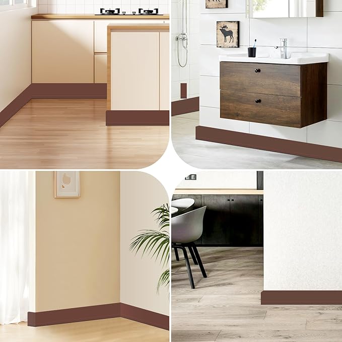 Flexible Baseboard Molding Trim 3 Inch(W) x 66 Feet(L) Self Adhesive Vinyl Wall Base Peel and Stick Cove Base,Rubber Wall Base. (Brown)
