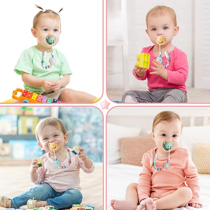 Silicone Pacifier Clip, 2 Pack Pacifier Holder for Boys and Girls, Adorable Sunflower Pacifier Clips Fits for Most Pacifier, Baby Teethers, Baby Shower and Baby Gift(Pink&Green)