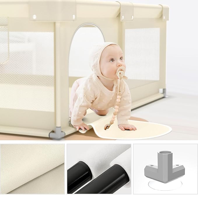 ZEEBABA Beige Baby Playpen 59x59 in, Playpen for Babies and Toddlers, Play Pen for Kids, Play Yard for Infants with Gate (Without mat)