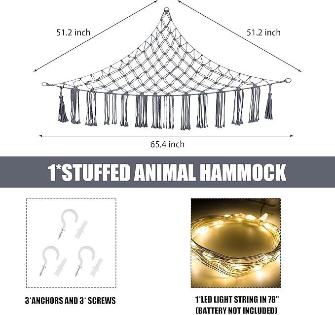 CERETIA Stuffed Animal Hammock with LED Light, Large Stuffed Animals Storage Corner Plushie Net for Kids Room Decor, Jumbo Grey