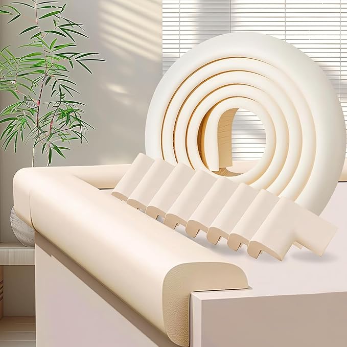 ZOMPAGO Baby Proofing Edge & Corner Protectors, 1 Roll White Foam L-Shape Self-Adhesive Bumper Strip + 8 Corner Guards, Wall & Furniture Safety Bumpers for Nursery, Kitchen, Fireplace, Table, Desk