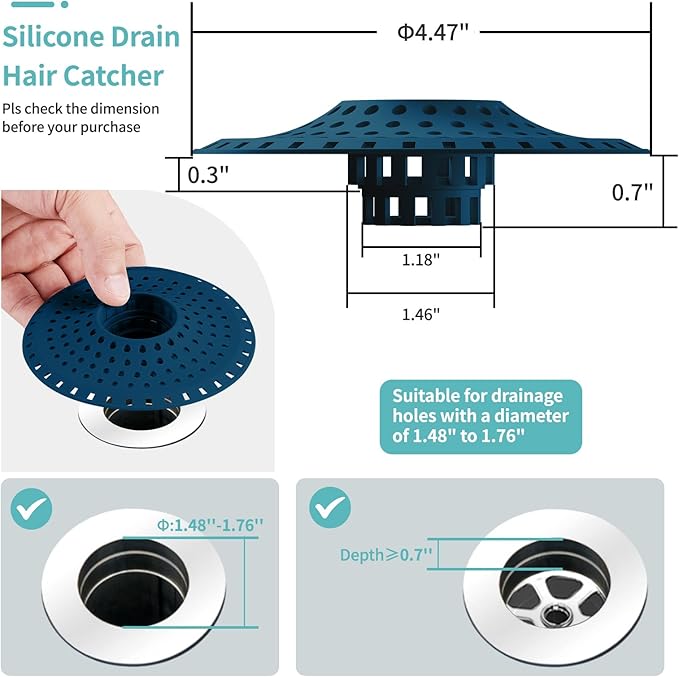 Aluvor Shower Hair Drain Catcher, Silicone Bathtub Drain Hair Catcher Strainer, All-in-one Tub Hair Catcher Drain Protector for 1.48'' to 1.76'' Regular Drains, 3PCS/NBlue Black DGreen