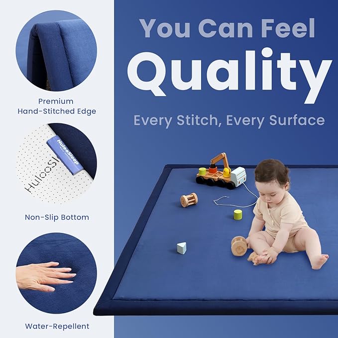 Huloo Sleep Ultra Soft Baby Play Mat for Floor, 1.3" Thick Elasti-Foam 59x59 Play Mat for Playpen,Water-Repellent Coral Velvet for Tummy Time, Non-Slip Backing,Safe for Toddlers & Infants（Dark Blue）