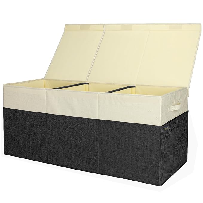 BALEINE Fabric Storage Bins with Lid, Collapsible Extra Large Storage Boxes Bins Baskets with Divider for Home Organizing (37.5"x13"x16", Black&Beige)