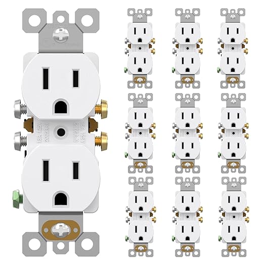 AIDA 10 Pack 15A 125V Duplex Heavy-Duty Receptacle Outlet, Electrical Outlet Electrical Wall Outlets, Duplex Receptacle Outlet, Residential Grade, 2-Pole 3-Wire, Self-Grounding Clip, UL Listed, White